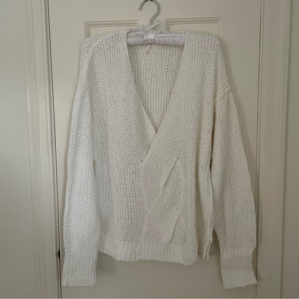 Free People Oversized Chunky Knit V-Neck Sweater, Off-White, Small